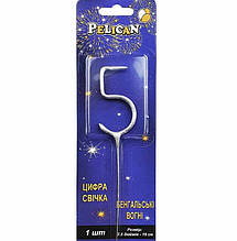 Свічка для торта цифра бенгальська "5" срібний
