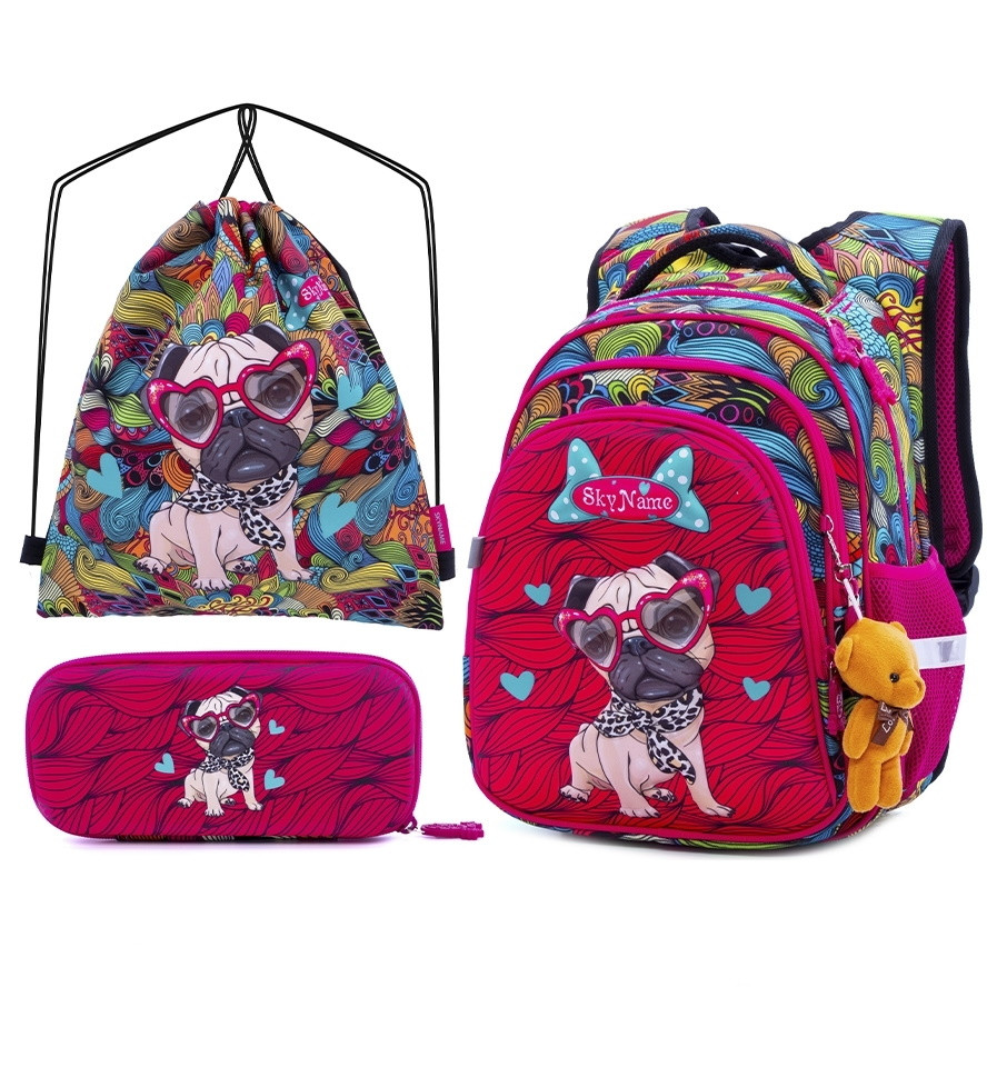Шкільний набір ортопедичний рюкзак для дівчинки 1-4 клас пенал і сумка для взуття Собачка SkyName R2-174