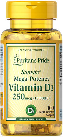 Вітамін D3 для кісток і зубів Puritan's Pride Vitamin D3 10000 IU 100 softgels, фото 1