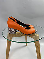 Эксклюзивные женские кожаные туфли открытые, оранжевые. Туфли натуральная кожа на каблуке яркие оранжевые 36