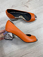 Эксклюзивные женские кожаные туфли открытые, оранжевые. Туфли натуральная кожа на каблуке яркие оранжевые