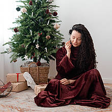 Ковдра махрова плед з рукавами теплий пушистий бордовий