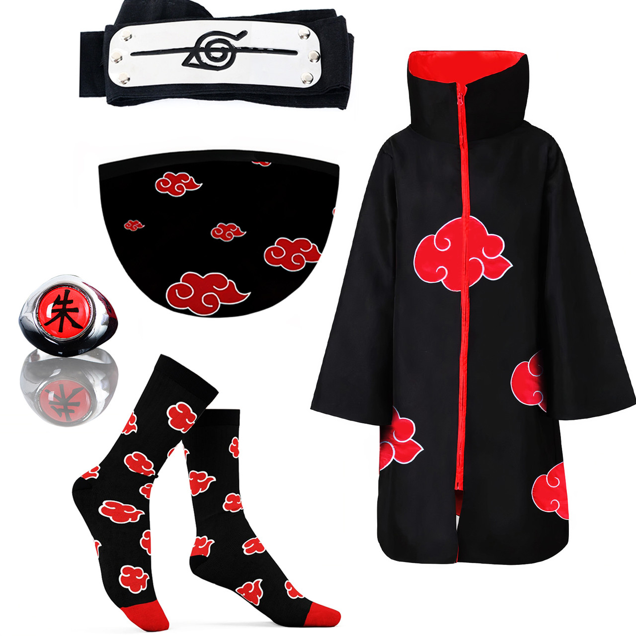 Набір Акацукі з аніме Наруто Naruto: Плащ Акацукі 155см + Пов'язка + Маска + Шкарпетки + Кільце | Косплей Cosplay Akatsuki, фото 1