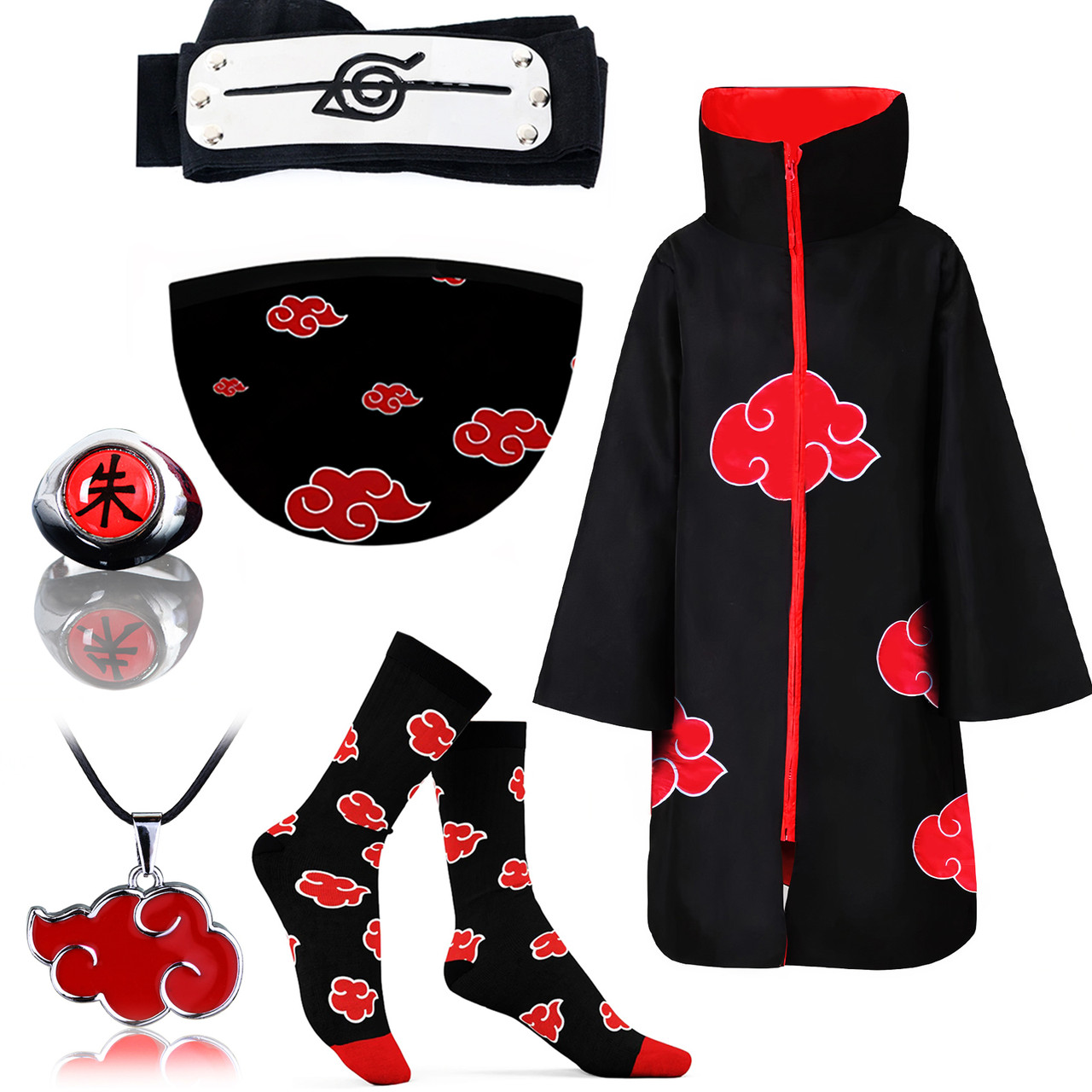 Набір Акацукі з аніме Наруто Naruto: Плащ Акацукі XL + Пов'язка + Маска + Шкарпетки + Кільце + Кулон | Косплей Cosplay Akatsuki, фото 1