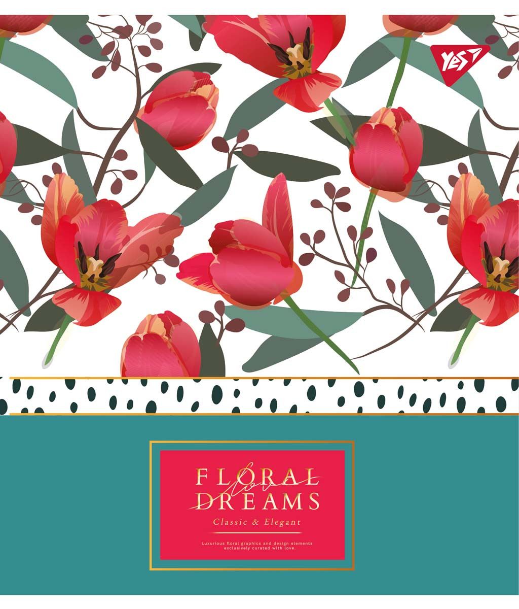 Зошит для записів А5/24 кл. YES "Floral dreams" фольга золото + софттач + УФ-виб., фото 1