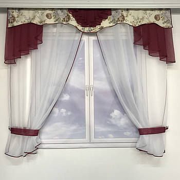 Короткий тюль з ламбрекеном з шифону і атласу Бордовий (KU-313-15)