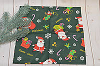 Декоративная ткань для рукоделия зеленая новогодняя Дед Мороз 25х25 см
