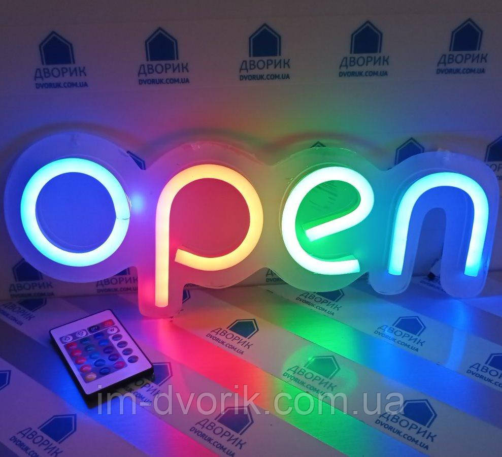 Неонова вивіска OPEN світлодіодна Led RGB 400х130 з можливістю перемикання кольорів із пульм керування #4