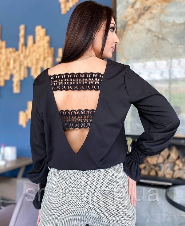Модна жіноча блуза з відкритою спиною чорного кольору від 42 до 56 розміру, фото 1