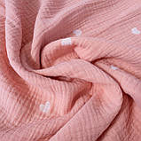 Муслін жатка двошаровий з білими сердечками на рожевому, ш. 140 см, фото 4