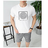 Чоловічий літній комплект біла футболка + сірі шорти з лампасами