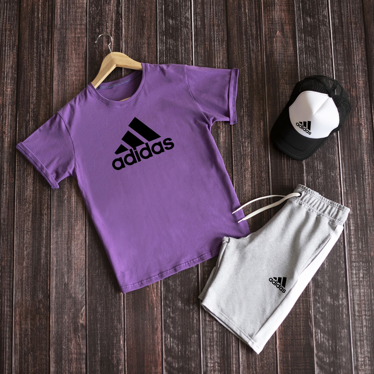 Комплект чоловічий літній Футболка + Шорти + Кепка Adidas фіолетово-сірий | Спортивний костюм Адідас