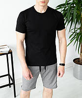 Мужской летний комплект черная футболка + серые шорты с лампасами