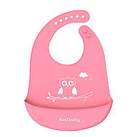 Go Нагрудник детский слюнявчик силиконовый с карманом Bestbaby BS-8807 Сова Pink