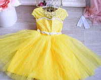 Желтое нарядное платье принцессы Белль для девочки "Кружево-жемчуг"