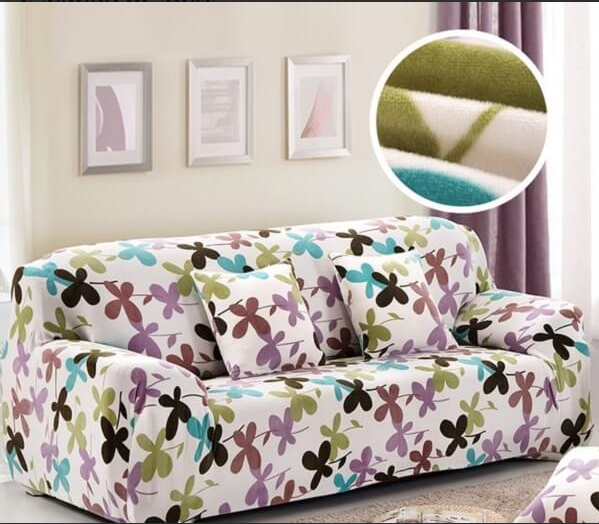 Чохли на 3-х місні дивани натяжні на резинці, Єврочохол HomyTex замша з малюнком Кленовий лист, фото 1