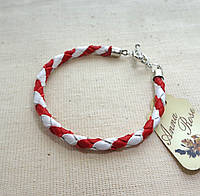 Кожаный плетеный браслет ручной работы "Красная и белая диагональ"