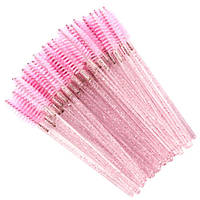 Щеточки нейлоновые для ресниц и бровей розовые с блестками, 50 шт
