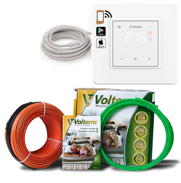 Комплект тепла підлога двожильний кабель Volterm HR12 1500 Вт (10,2-12,8 м2) і Terneo sx Wi-Fi програмований