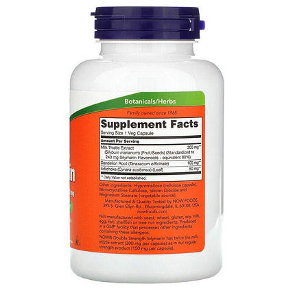 NOW Foods Silymarin Milk Thistle Extract with Artichoke & Dandelion 300 mg 100 caps, фото 3