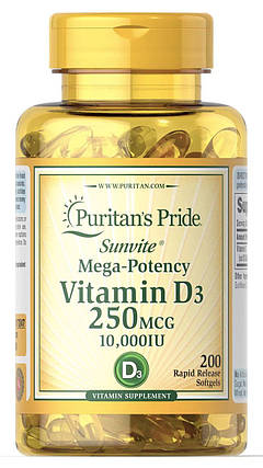 Puritan's Pride Vitamin D3 10000 IU 200 softgels, фото 1