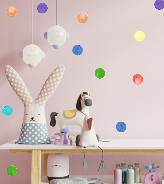 Набір декоративних наклейок на стіни Акварельні кружальця у кольорах веселки 5 см 100 шт сфера матова, фото 1