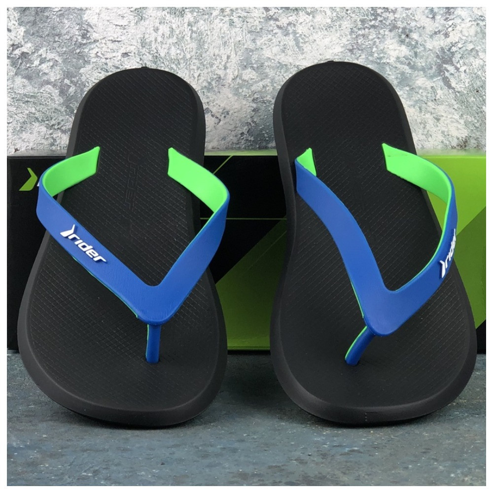 Чоловічі в'єтнамки RIDER R1 AD Black/Blue/Green, чорні шльопанці райдер шльопки сланці