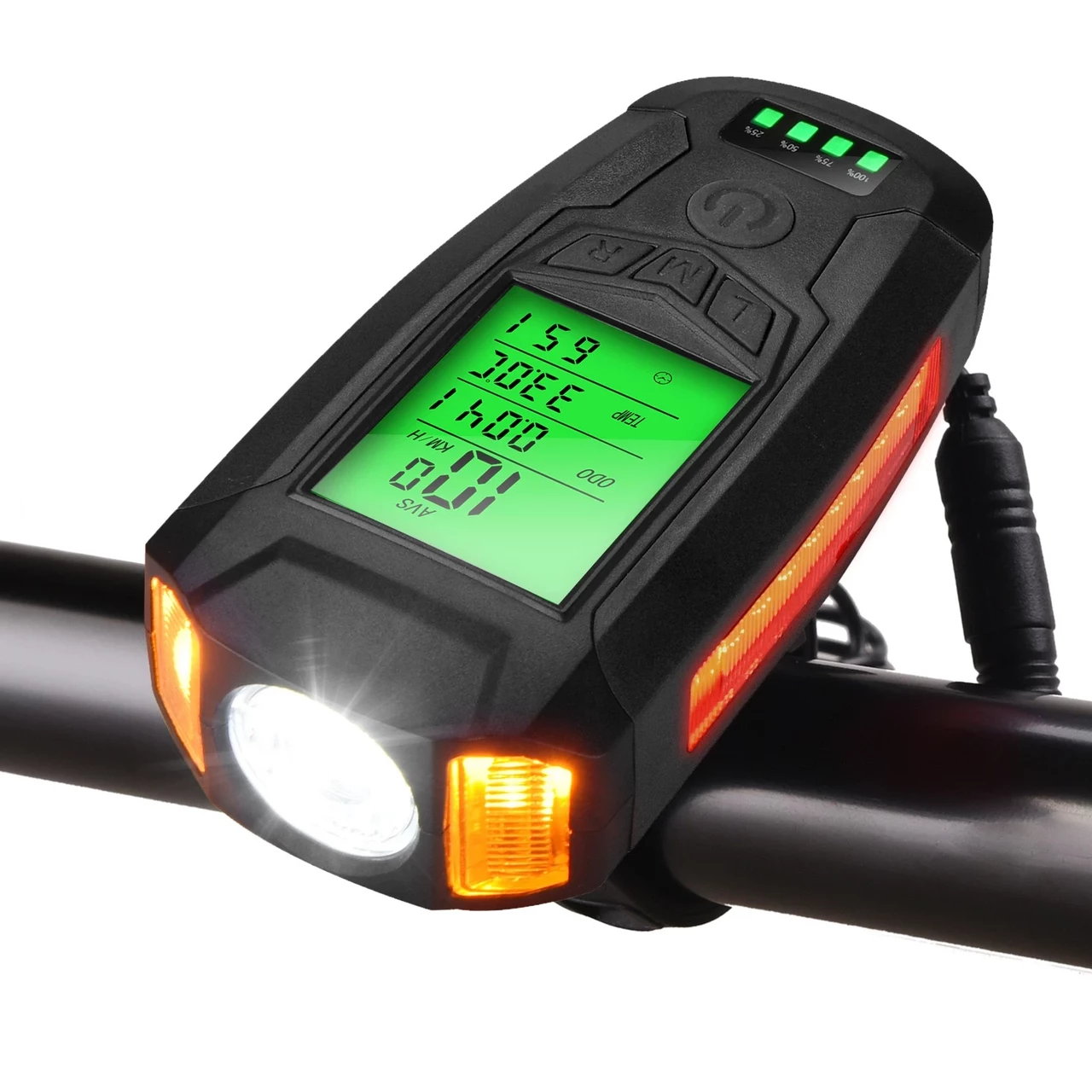 Потужна фара для велосипеда 3в1, чорна, вело комп'ютер сигнал спідометр ліхтар сигналізація, зарядка від USB