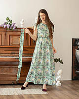 Стильное длинное летнее торжественное платье мятное с цветочным принтом размеры 44-46