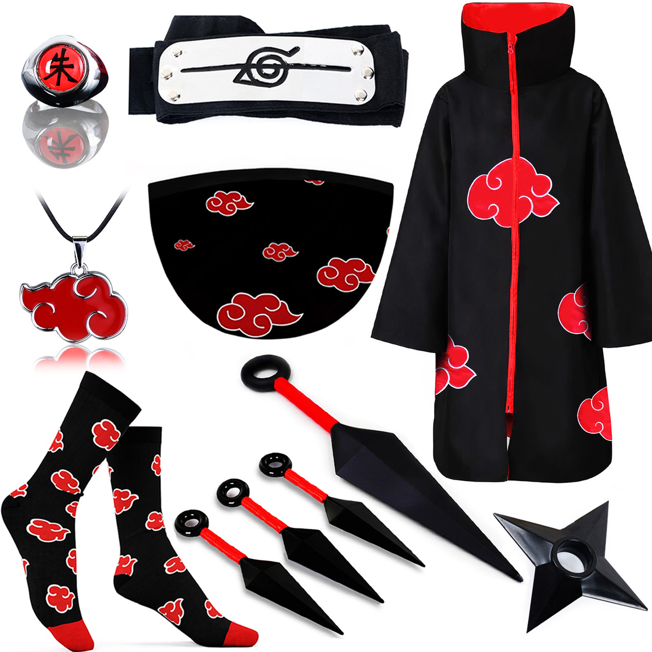 Набір Акацукі з аніме Наруто Naruto: Плащ Акацукі L + Пов'язка + Маска + Шкарпетки + Кільце + Кулон + 4 Кунаї + Сюрикен | Akatsuki, фото 1