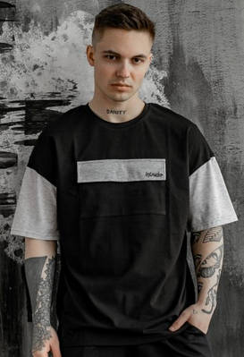 Чоловіча футболка оверсайз із кишенею-трикотаж FreeDom чорна із сірим Розміри: S-M, L-XL, XXL-XXXL