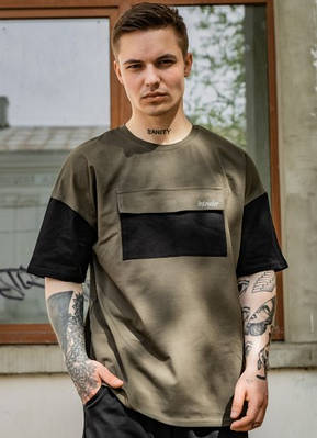 Чоловіча стильна футболка оверсайз із кишенею FreeDom хакі з чорним Розміри: S-M, L-XL, XXL-XXXL