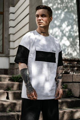 Чоловіча футболка оверсайз із кишенею-трикотаж FreeDom біла з чорним Розміри: S-M, L-XL, XXL-XXXL
