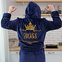 Mахровый мужской длинный халат с именной вышивкой и капюшоном BOSS