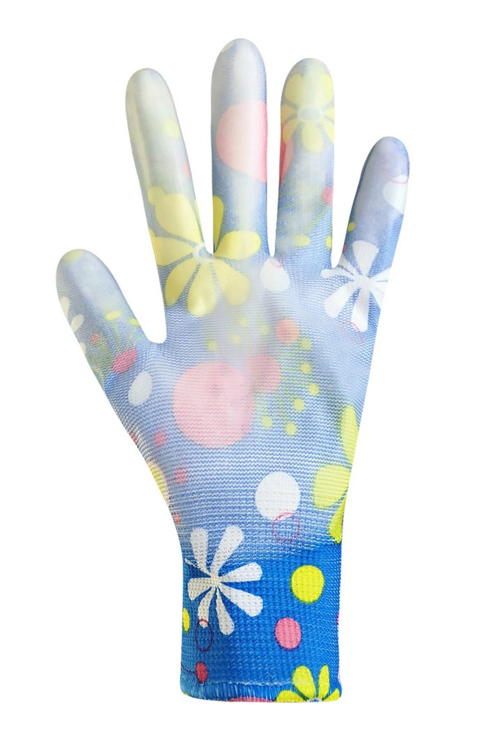 Рукавички жіночі синтетичні сині з поліуретановим покриттям кольоровий принт 69179 "б", фото 1