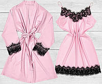 Розовый халат с красивым домашним платьем Комплекты из ткани софт с кружевом