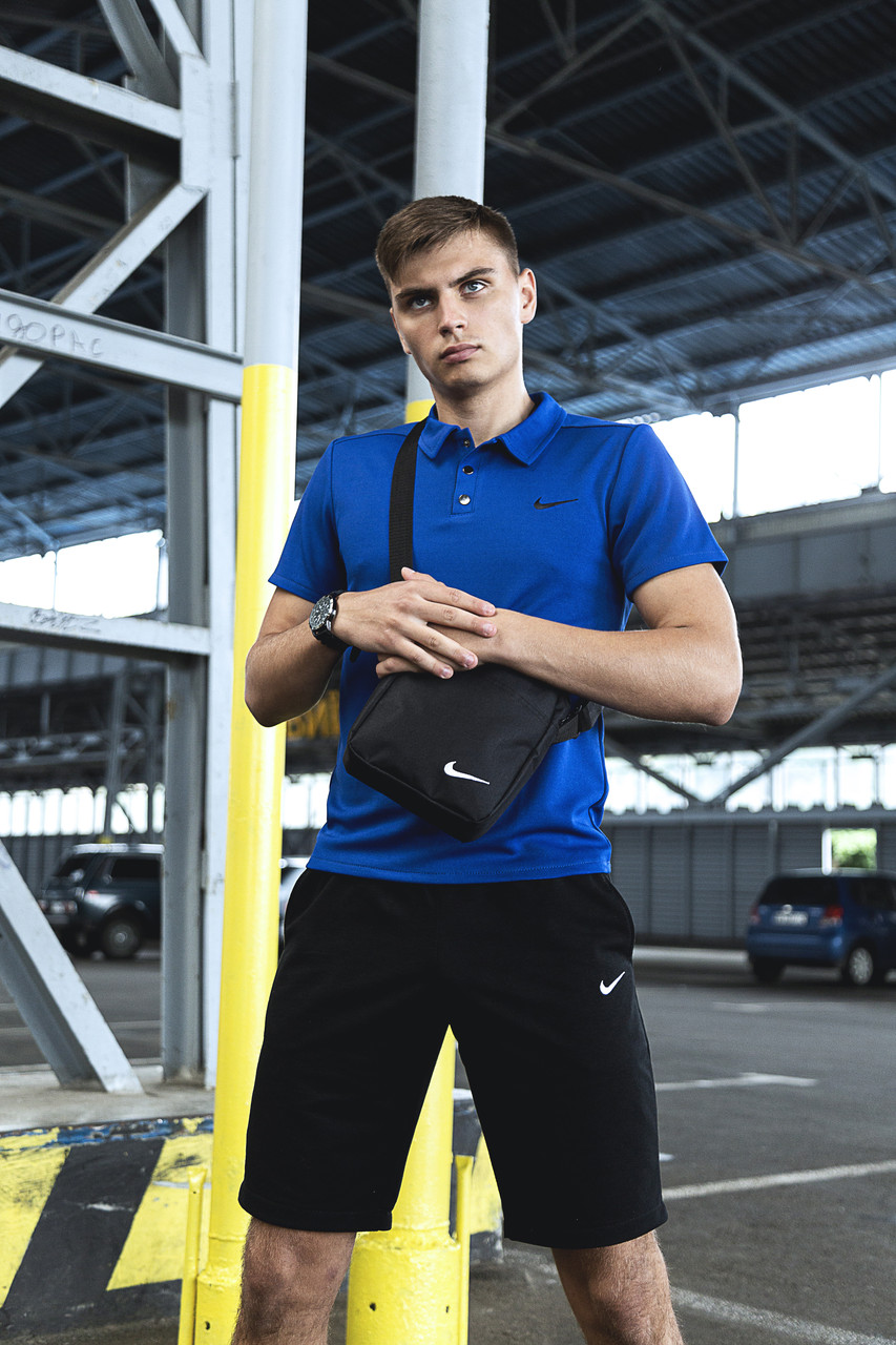 Костюм спортивний чоловічий Nike Футболка Поло синій електрик + Шорти чорні + Барсетка в стилі (Найк) річний