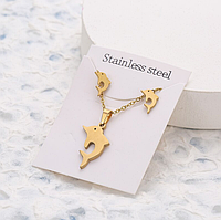 Набір ланцюжок з кулоном підвіскою + сережки гвоздики пусети красива біжутерія "Дельфін 1" золотистий