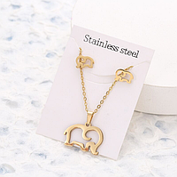 Набір ланцюжок з кулоном підвіскою + сережки гвоздики пусети красива біжутерія "Слоник 2" золотистий