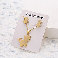 Комплект набір ланцюжок з підвіскою кулоном + сережки гвоздики пусети красива біжутерія "Кішечка" золотистий