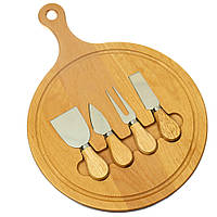 Кругла сирна дошка з ручкою та ножами "Wood" (дерево) 38х27,5х1,5 см