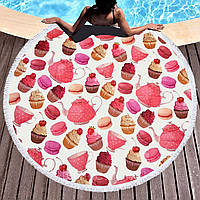 Пляжное круглое полотенце коврик с бахромой Пирожные, диаметр 150