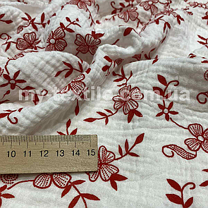 Тканина Муслін жатка принт двосторонній Червоні квіти