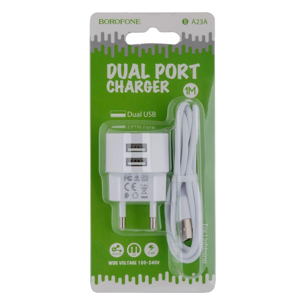 Мережевий Зарядний Пристрій Borofone BA23A Lightning 2USB 2.4A