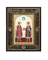 Бессребреники Косма и Дамиан икона святых в ажурной рамке на подставке