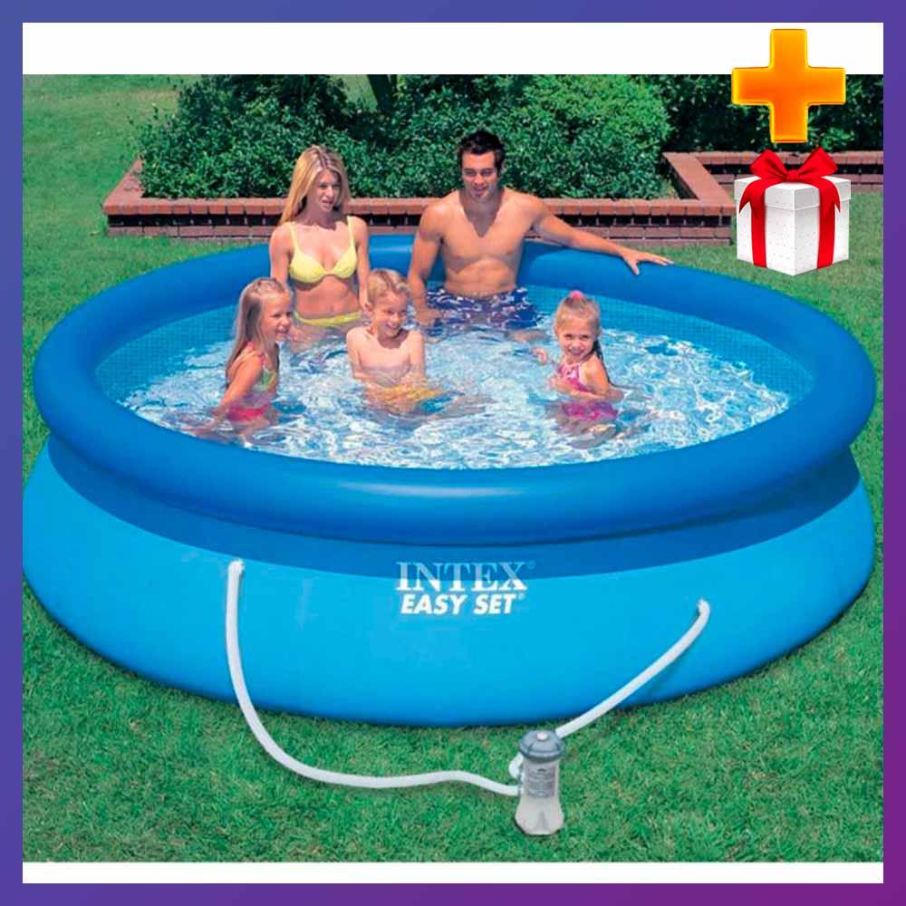 Дитячий круглий надувний басейн Intex 28108 (244 x 61 см) Easy Set картриджний фільтрувальний насос + подарунок