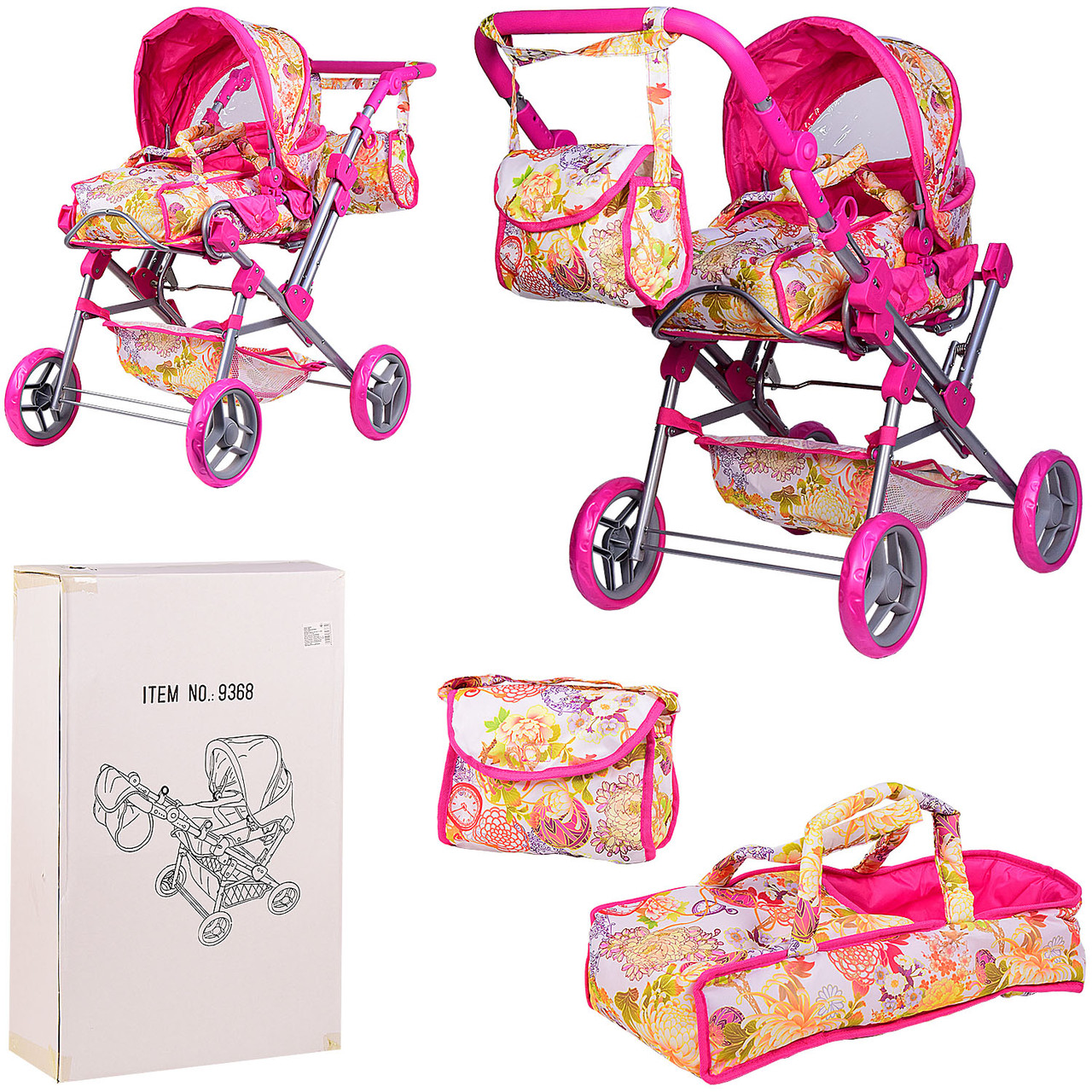 Коляска летняя для куклы 9368 Кукольная трансформер коляска с люлькой и багажной корзиной розовая - фото 1 - id-p1428090284