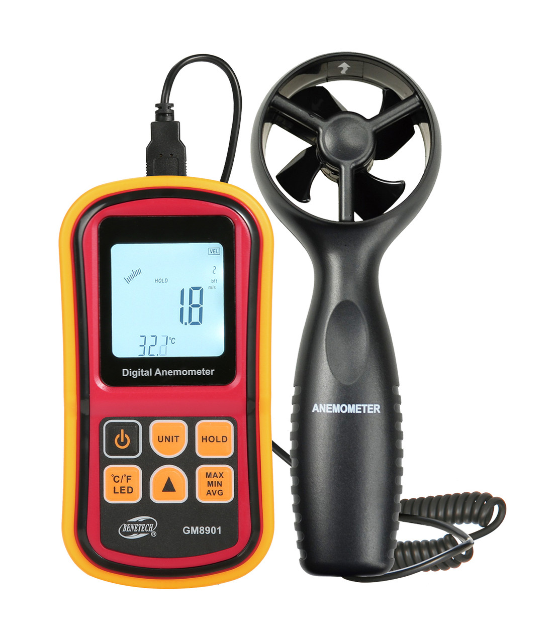 BENETECH GM8901 Анемометр цифровий з виносної крильчаткою до 45м / с, крильчастий, для вентиляції, з термометром