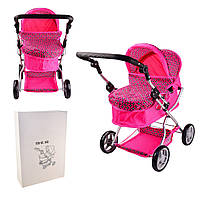 Коляска люлька зимняя для куклы 9680 Кукольная коляска с регулируемой ручкой и багажной корзиной розовая