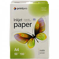 Фотобумага PrintPro матовая 190г/м, A4, 50 листов (PM190-50)